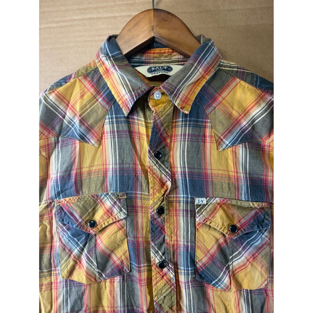 Salt Valley Western Shirt Mens Small Yellow Plaid Long Sleeve Pearl Snap Cowboy